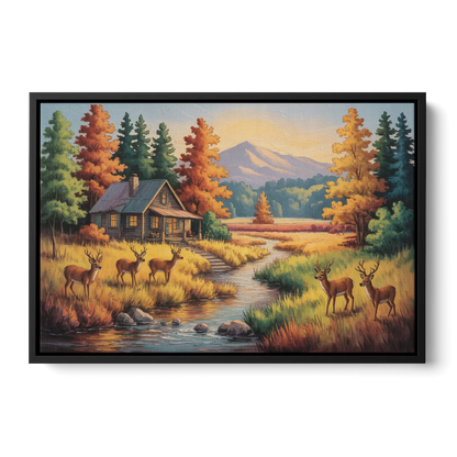 Rustic Cabin Deer Scene Front - Black Canvas Wall Art