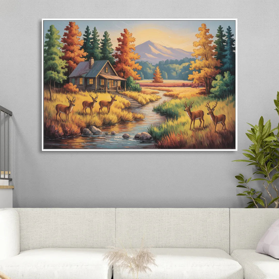 Rustic Cabin Deer Scene Sitting Room - White Canvas Wall Art
