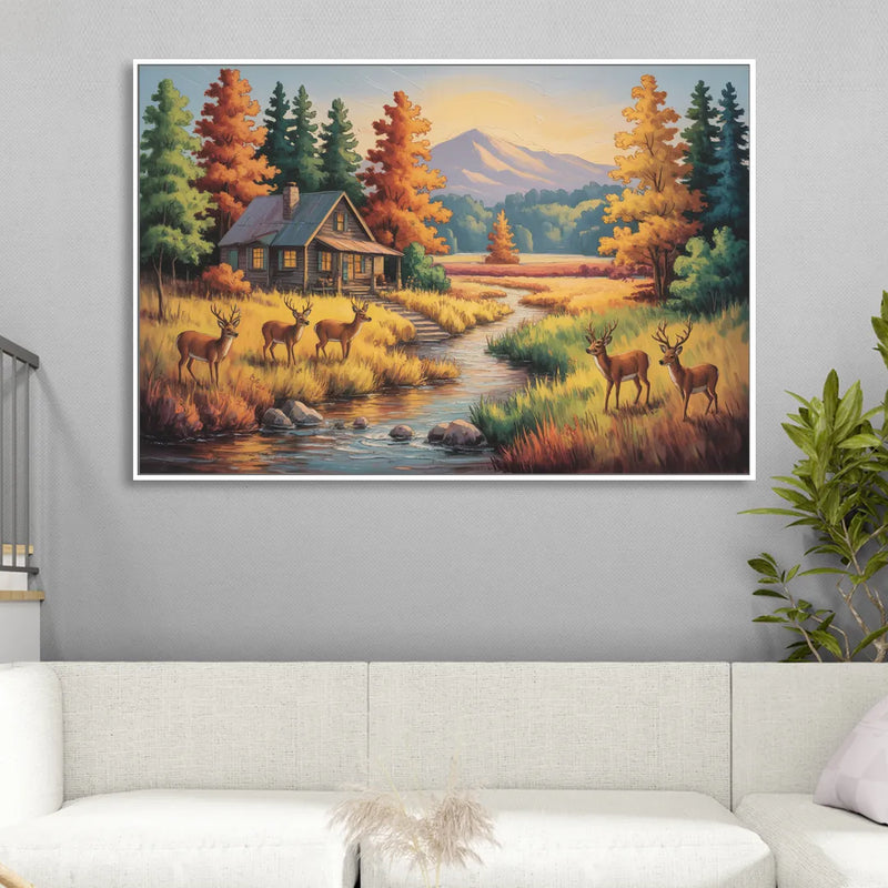 Rustic Cabin Deer Scene Sitting Room - White Canvas Wall Art