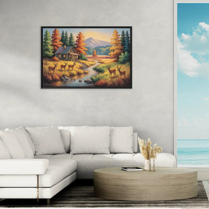 Rustic Cabin Deer Scene - Living Room Black Frame Canvas