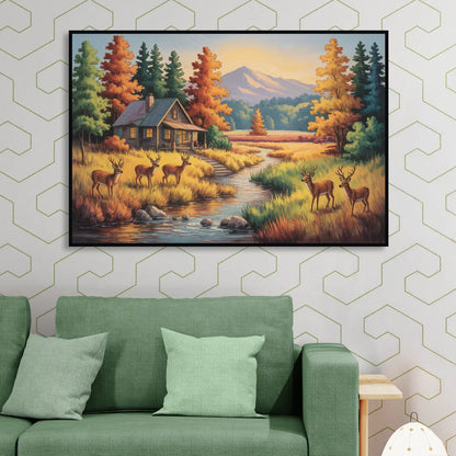 Rustic Cabin Deer Scene Living Room - Black Canvas Wall Art