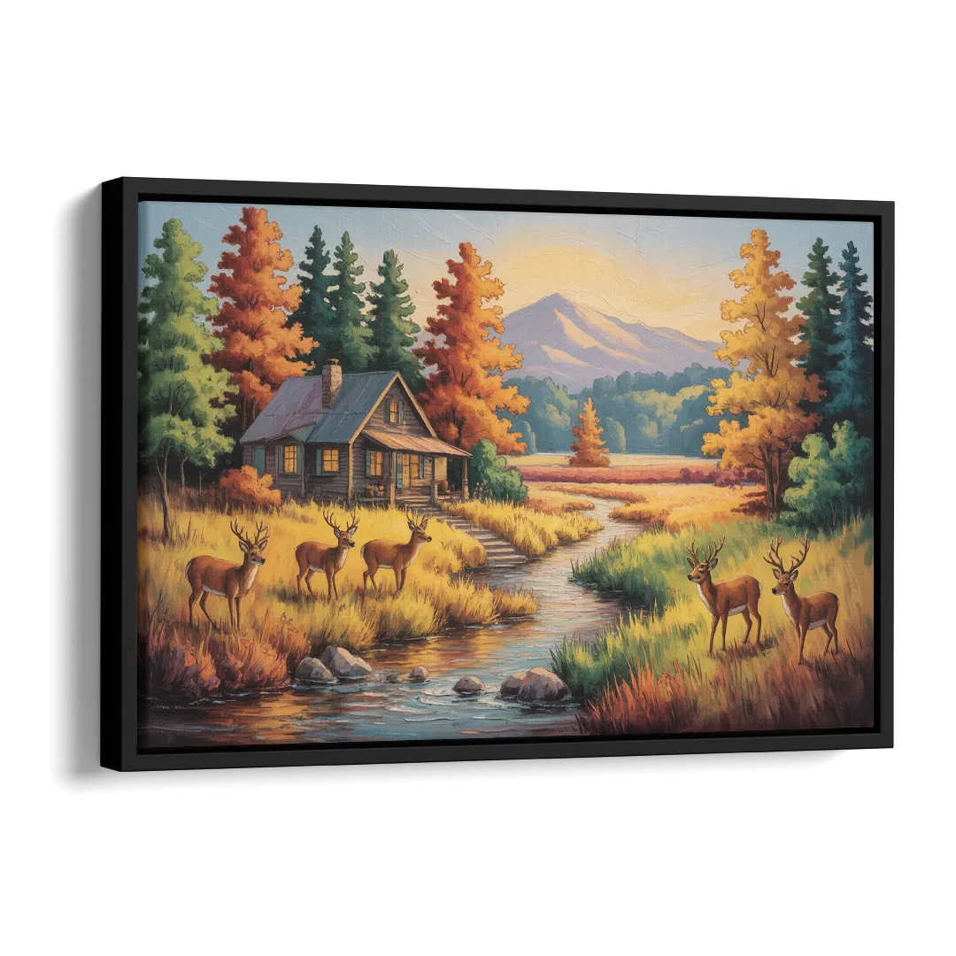 Rustic Cabin Deer Scene Side - Black Canvas Wall Art
