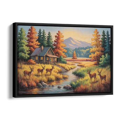 Rustic Cabin Deer Scene Side - Black Canvas Wall Art