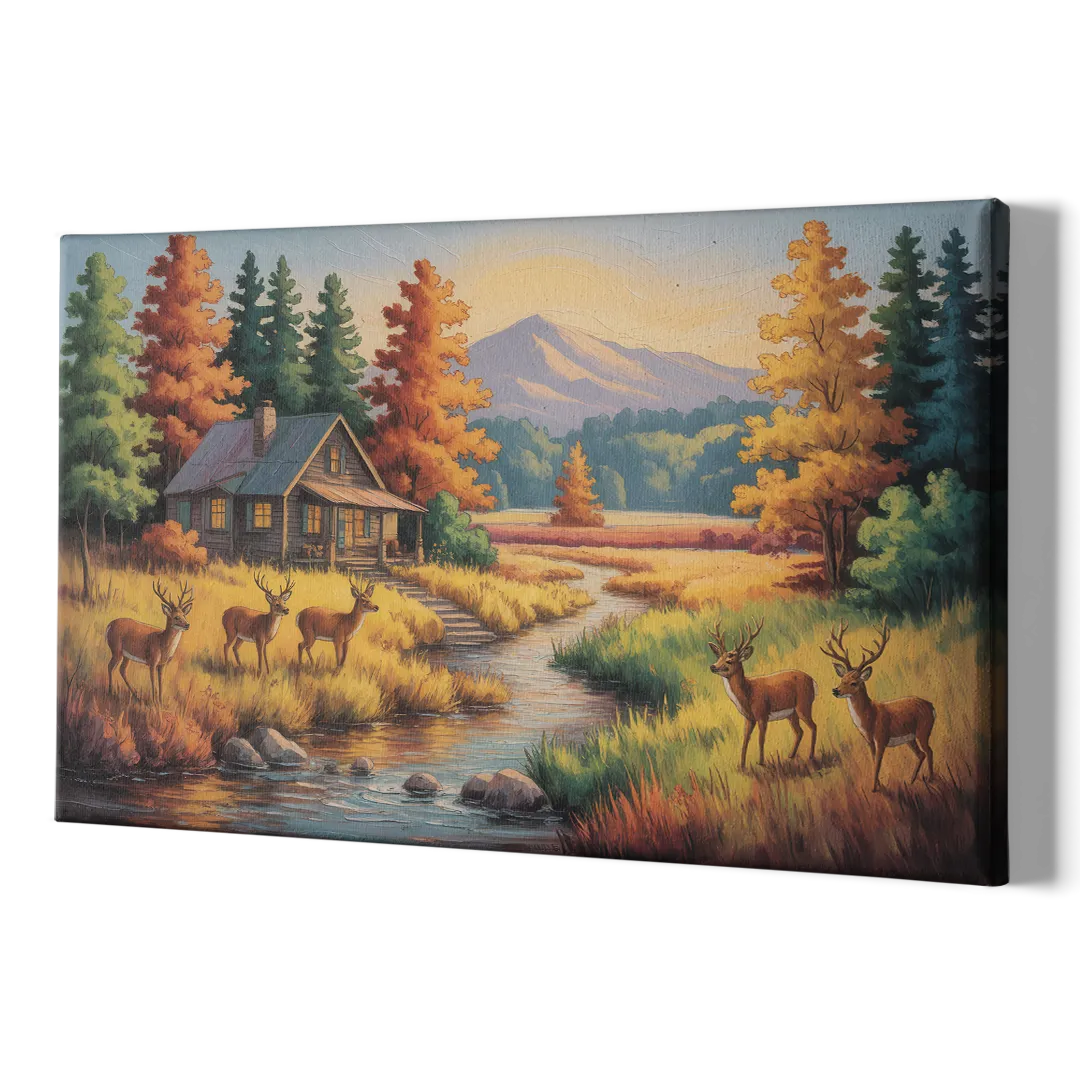 Rustic Cabin Deer Scene - Canvas Print Art Sides