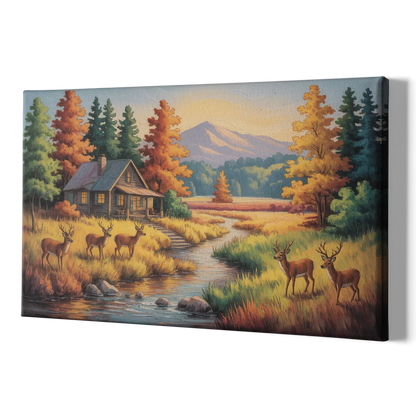 Rustic Cabin Deer Scene - Canvas Print Art Sides