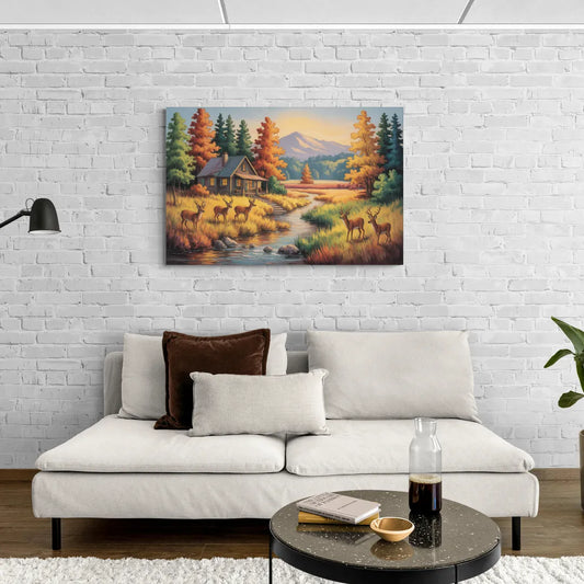 Rustic Cabin Deer Scene - Canvas Wall Art Living Room