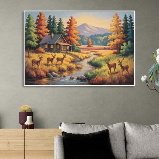 Rustic Cabin Deer Scene Living Room - White Canvas Wall Art