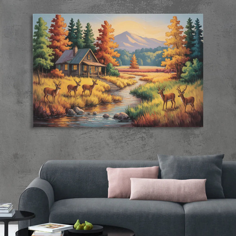 Rustic Cabin Deer Scene Living Room - Canvas Wall Art
