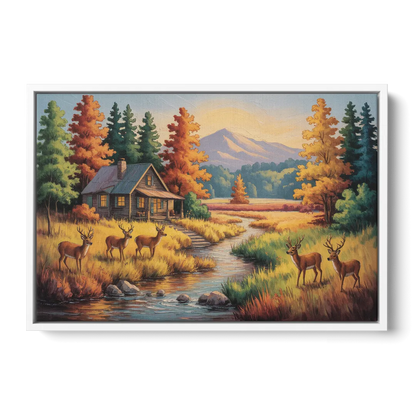 Rustic Cabin Deer Scene Front - White Canvas Wall Art