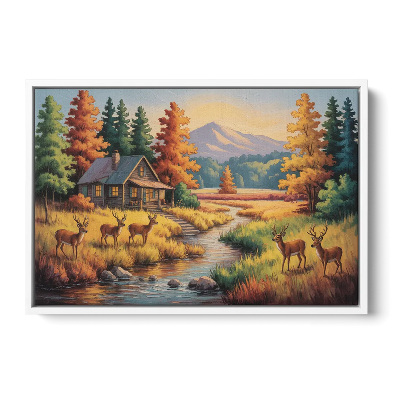 Rustic Cabin Deer Scene Front - White Canvas Wall Art