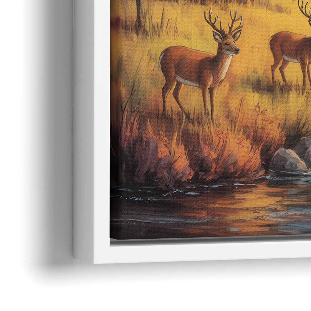 Rustic Cabin Deer Scene - Close-Up White Frame Canvas