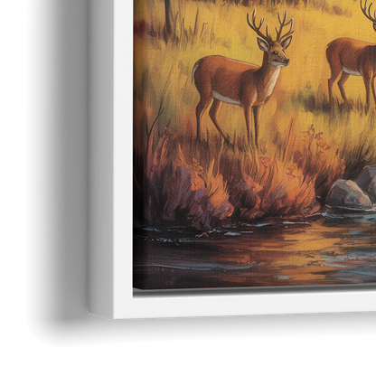 Rustic Cabin Deer Scene - Close-Up White Frame Canvas