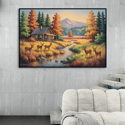 Rustic Cabin Deer Scene Sitting Room - Black Canvas Wall Art