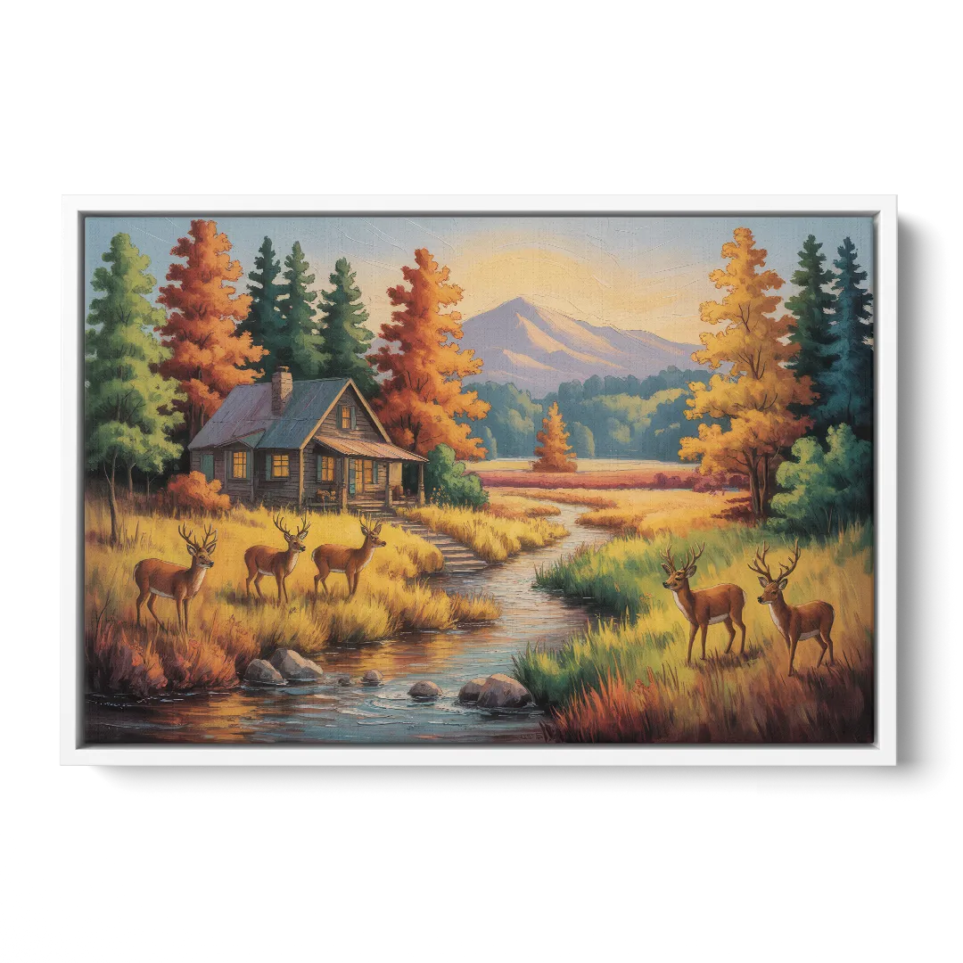 Rustic Cabin Deer Scene - White Frame Canvas