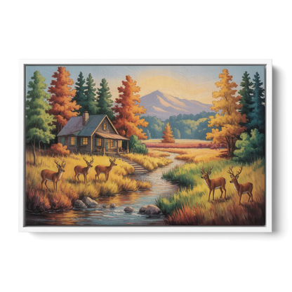 Rustic Cabin Deer Scene - White Frame Canvas