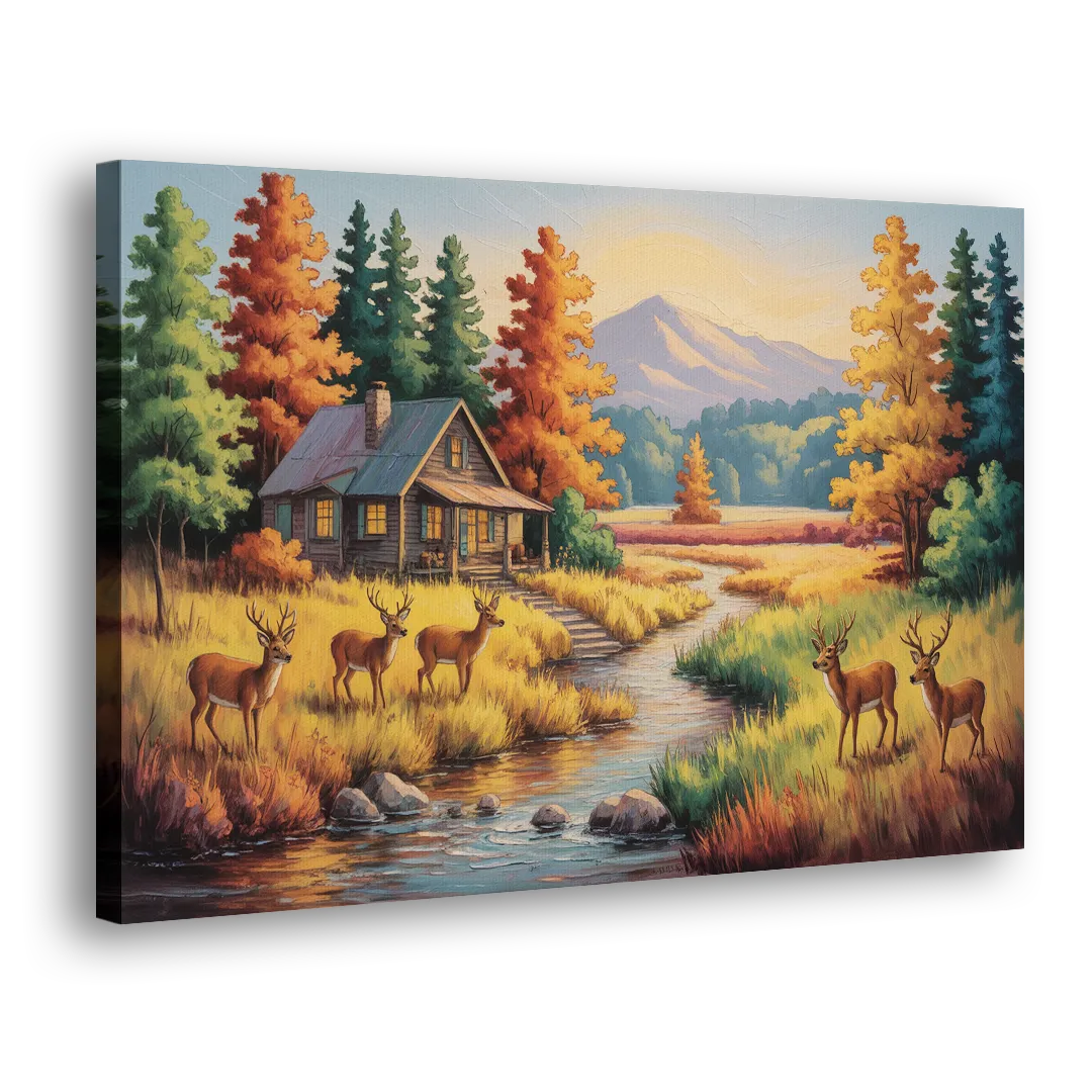 Rustic Cabin Deer Scene Side - Canvas Wall Art