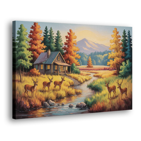 Rustic Cabin Deer Scene - Canvas Wall Art