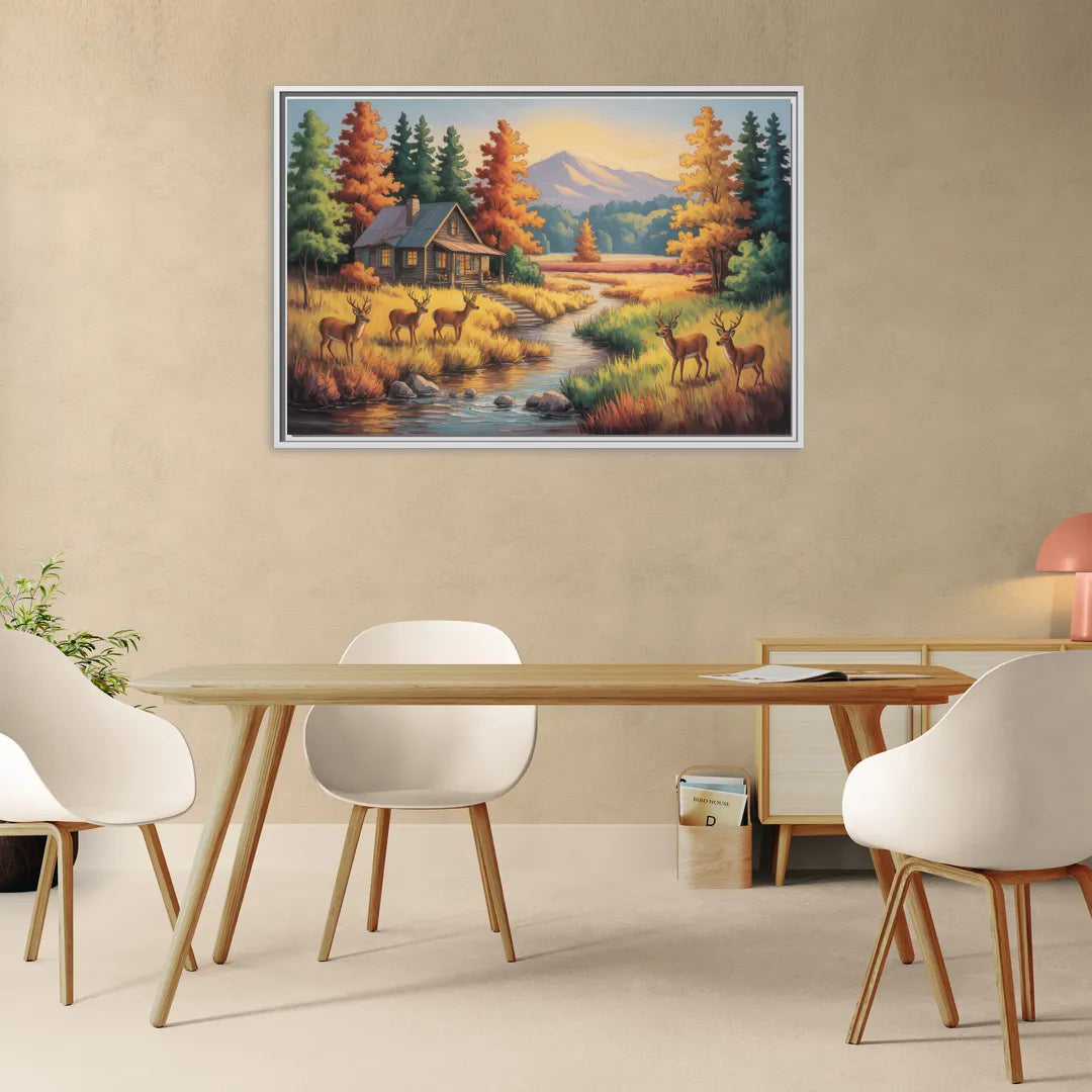 Rustic Cabin Deer Scene - Living Room White Frame Canvas