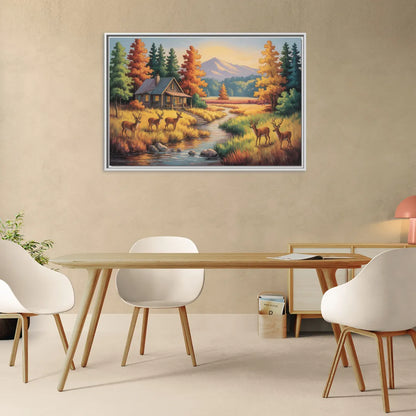 Rustic Cabin Deer Scene - Living Room White Frame Canvas