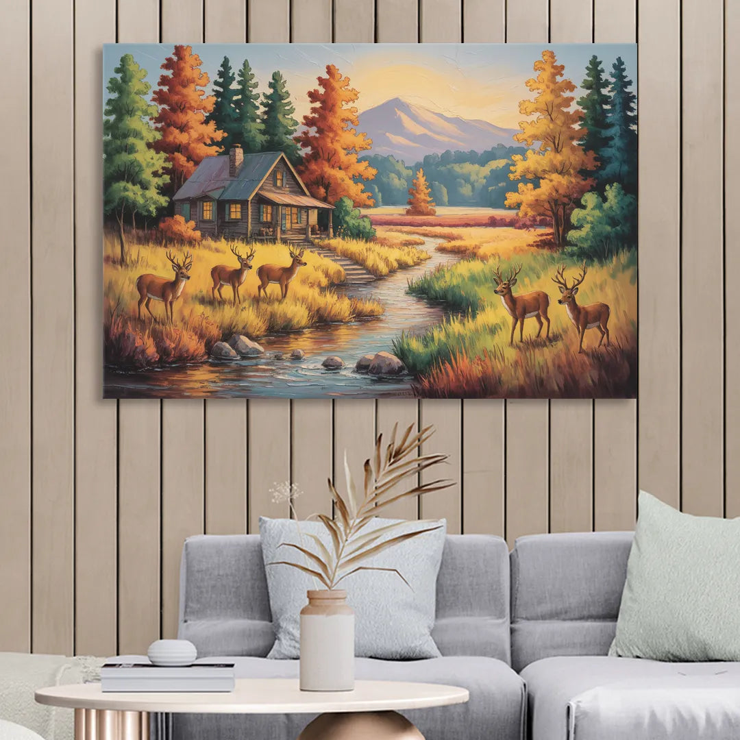 Rustic Cabin Deer Scene Sitting Room - Canvas Wall Art
