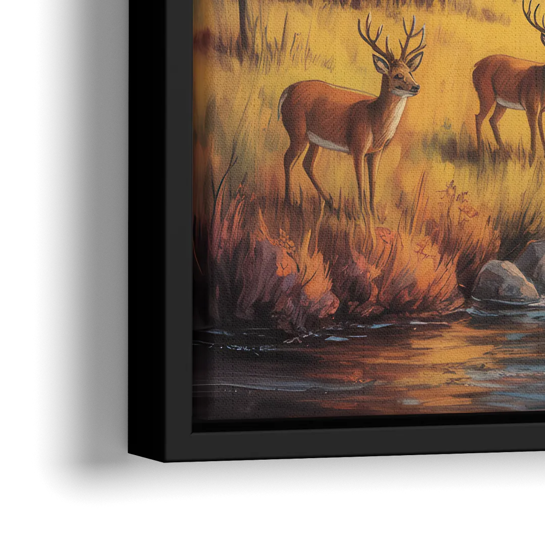Rustic Cabin Deer Scene - Close-Up Black Frame Canvas