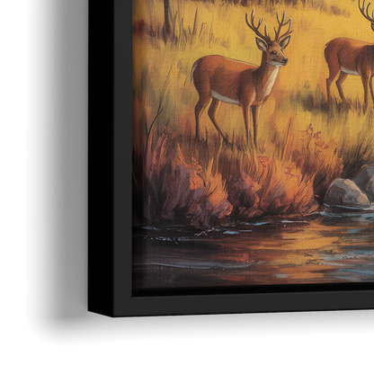 Rustic Cabin Deer Scene - Close-Up Black Frame Canvas