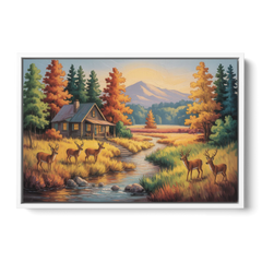 Rustic Cabin Deer Scene - White Framed Canvas Wall Art - Front