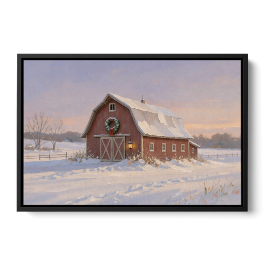 Rustic Christmas Wall Decor Red Barn at Dusk - Black Framed Canvas Wall Art - Front