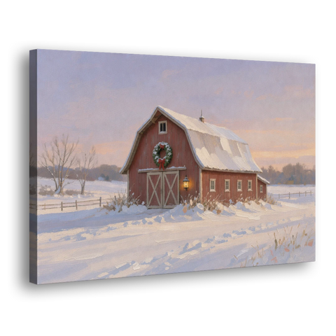 Rustic Christmas Wall Decor Red Barn at Dusk - Canvas Wall Art - Side