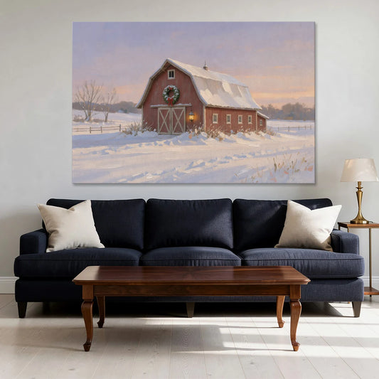 Rustic Christmas Wall Decor Red Barn at Dusk - Canvas Wall Art - Sofa - 60x40