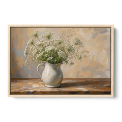 Rustic Kitchen Wall Art with Queen Anne's Lace - Oak Framed Canvas Wall Art - Front