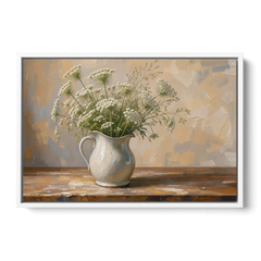 Rustic Kitchen Wall Art with Queen Anne's Lace - White Framed Canvas Wall Art - Front