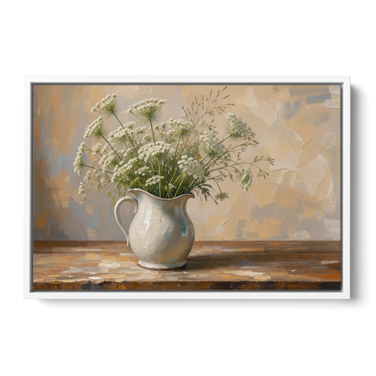 Rustic Kitchen Wall Art with Queen Anne's Lace - White Framed Canvas Wall Art - Front