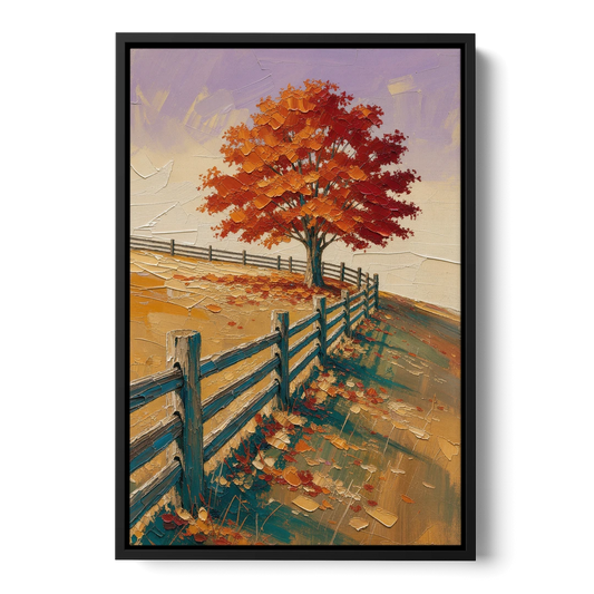 Rustic Landscape Wall Art with a Crimson Maple - Black Framed Canvas Wall Art - Front