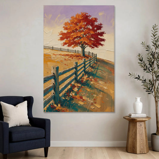 Rustic Landscape Wall Art with a Crimson Maple - Canvas Wall Art - Sofa - 40x60