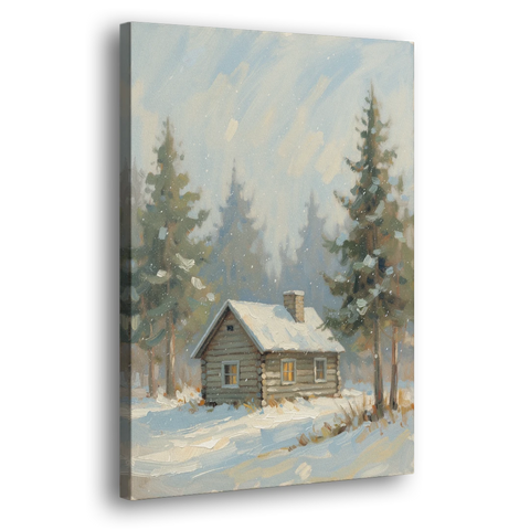 Rustic Lone Log Cabin Snow Scene - Canvas Wall Art - Side