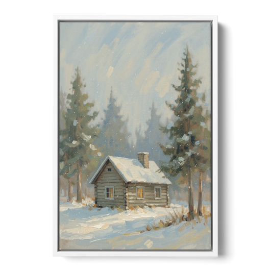 Rustic Lone Log Cabin Snow Scene - White Framed Canvas Wall Art - Front