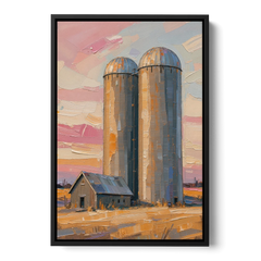 Rustic Paintings of Twin Silos Beside the Barn - Black Framed Canvas Wall Art - Front