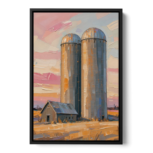 Rustic Paintings of Twin Silos Beside the Barn - Black Framed Canvas Wall Art - Front