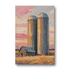 Rustic Paintings of Twin Silos Beside the Barn - Canvas Wall Art - Front