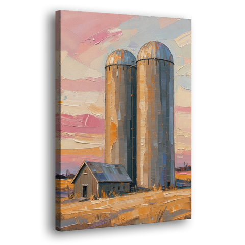 Rustic Paintings of Twin Silos Beside the Barn - Canvas Wall Art - Side