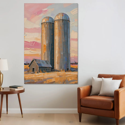 Rustic Paintings of Twin Silos Beside the Barn - Canvas Wall Art - Sofa - 40x60