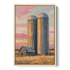 Rustic Paintings of Twin Silos Beside the Barn - Oak Framed Canvas Wall Art - Front