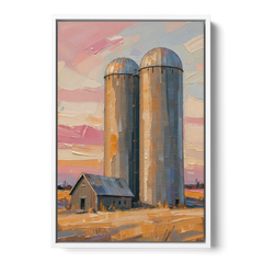 Rustic Paintings of Twin Silos Beside the Barn - White Framed Canvas Wall Art - Front