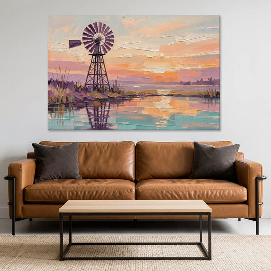 Rustic Wall Decor with a Windmill at Sunset - Canvas Wall Art - Sofa - 60x40