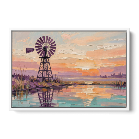 Rustic Wall Decor with a Windmill at Sunset - White Framed Canvas Wall Art - Front