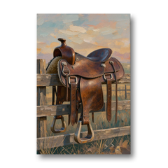 Rustic Western Wall Decor with Saddle at Sundown - Canvas Wall Art - Front