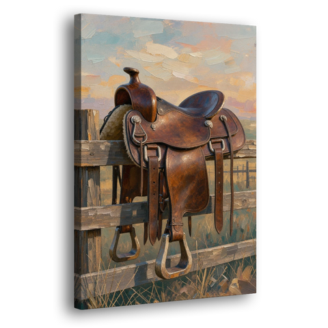Rustic Western Wall Decor with Saddle at Sundown - Canvas Wall Art - Side