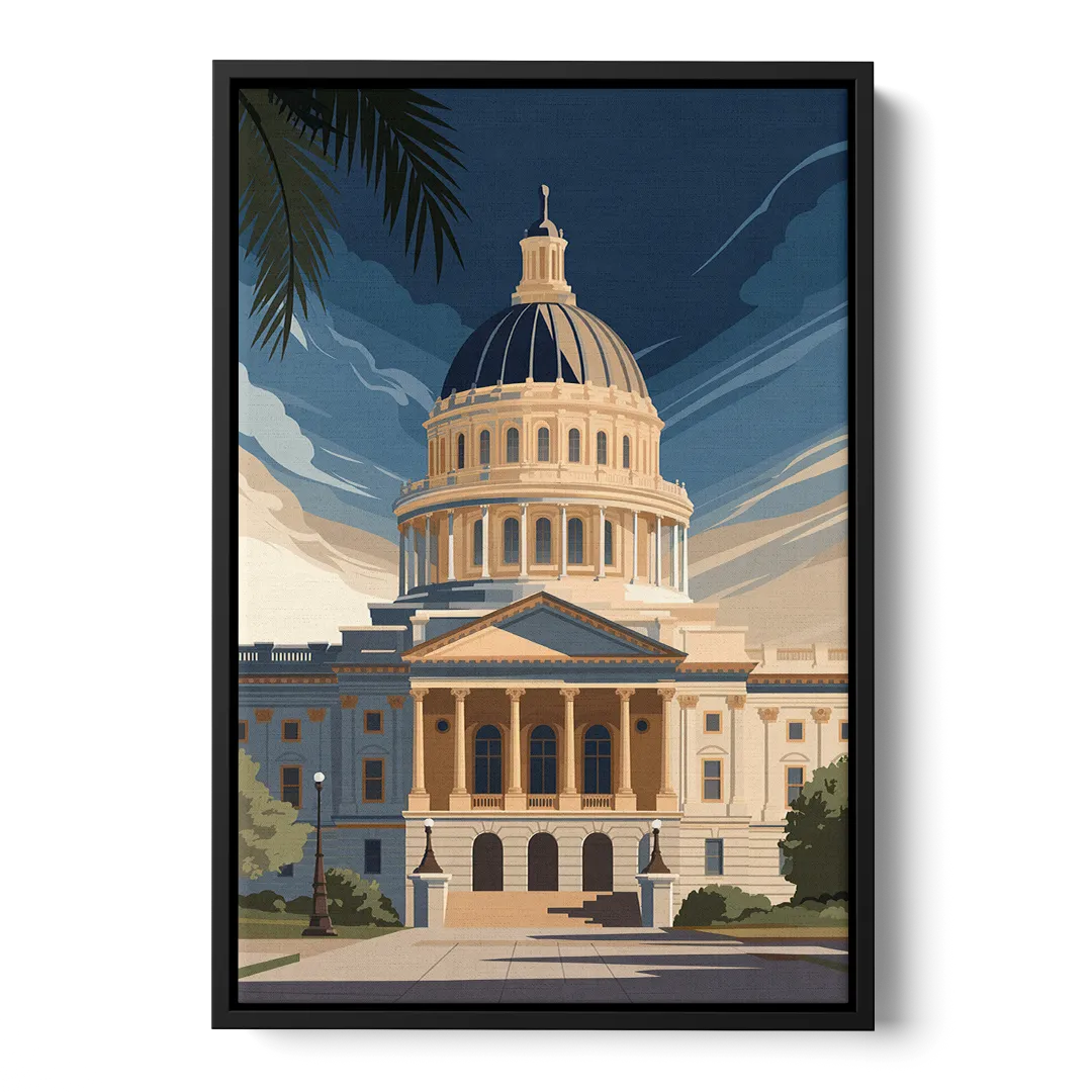 Sacramento Capitol Building Front - Black Canvas Wall Art