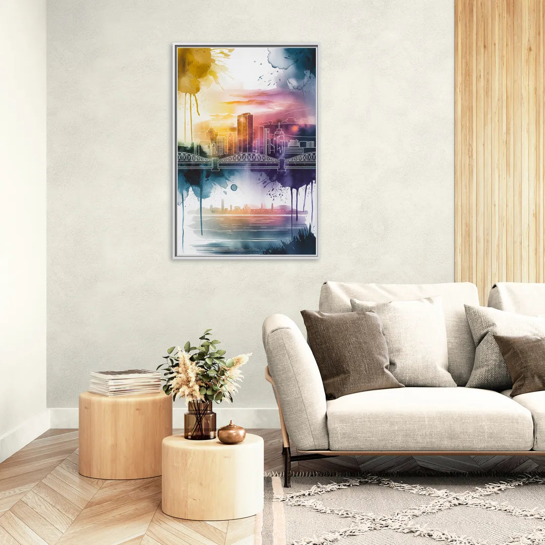 Sacramento Skyline Sunset - Living Room White Frame Canvas